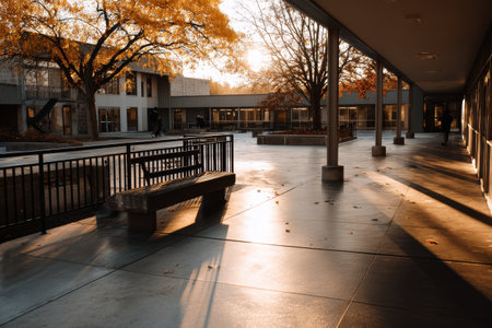 A serene school courtyard showcases colorful autumn trees and wet pavement reflecting sunlight. Benches invite relaxation as shadows stretch across the ground in the afternoon..の素材