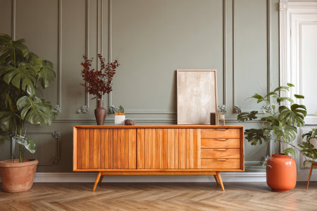 A stylish living room features a wooden sideboard with decorative items, surrounded by vibrant houseplants. Sunlight casts soft shadows on the floor, enhancing the cozy atmosphere..の素材