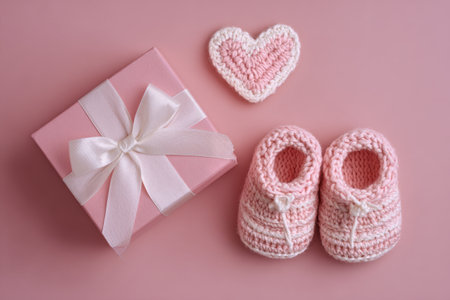A delicate pink gift box rests beside a pair of sweet pink knitted baby shoes and a small white knitted heart, all set on a soft pink background, creating a charming scene..の素材
