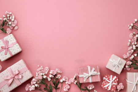 A collection of beautifully wrapped pink gifts surrounded by delicate flowers. This vibrant arrangement is perfect for birthdays, anniversaries, or festive celebrations.の素材