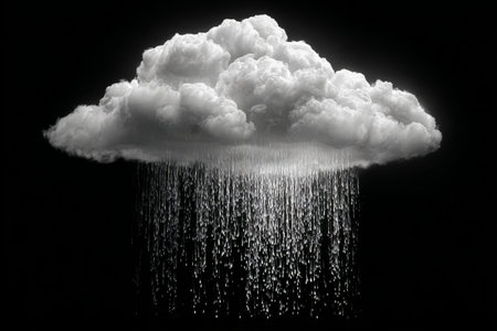 Dark clouds hover above as rain pours down, creating a moody and dramatic atmosphere. The scene captures the essence of a stormy day with vibrant contrasts..の素材