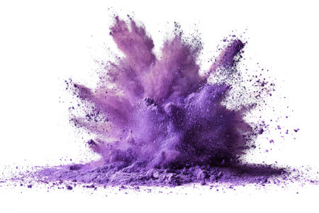 Bright purple powder bursts into a cloud, creating a striking visual effect. The colorful explosion showcases the dynamic movement of the powder and its fine particles..の素材