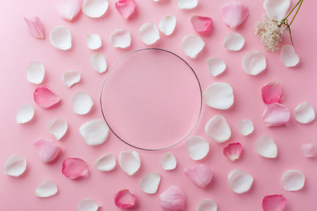 A beautiful arrangement of pink and white flower petals surrounds a clear circular space on a pastel pink surface. This serene setup is perfect for creative projects or decoration.の素材