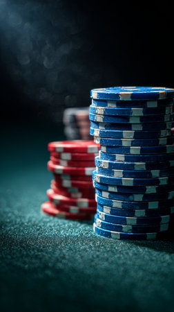 Colorful stacks of poker chips sit on a green felt surface, illuminated by soft light. This scene captures the excitement and anticipation of a gaming night.の素材