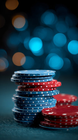 Red and blue poker chips are stacked high on a green surface, with a vibrant, blurred background of colorful lights creating a lively atmosphere reminiscent of a casino night.の素材