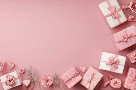 A collection of beautifully wrapped pink gifts surrounded by delicate flowers. This vibrant arrangement is perfect for birthdays, anniversaries, or festive celebrations..の素材