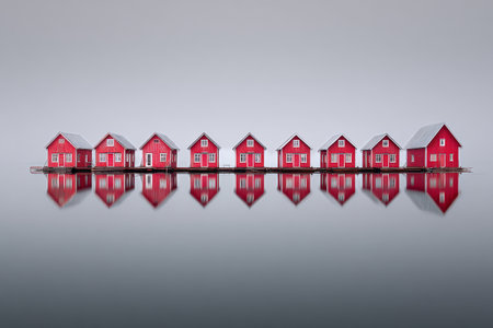 Red wooden houses stand on stilts by a still lake, their reflections visible in the water. A foggy atmosphere creates a peaceful scene in the morning light..の素材