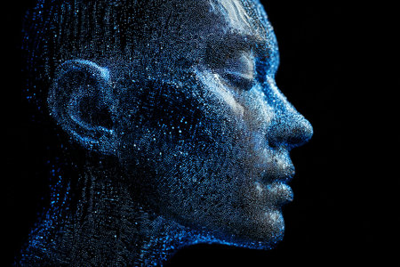 A close-up view of a human face illuminated with blue dots, highlighting digital art and technology. The design reflects a fusion of human features and futuristic elements..の素材
