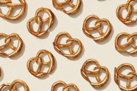 Heart-shaped pretzels are placed neatly on a soft, light background. These tasty snacks bring joy and creativity to any gathering or celebration, perfect for sharing moments.の素材
