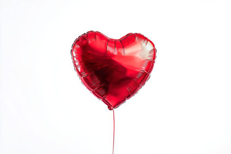A shiny red balloon shaped like a heart is suspended in mid-air, creating a fun and festive atmosphere. Perfect for celebrations and special occasions.の素材