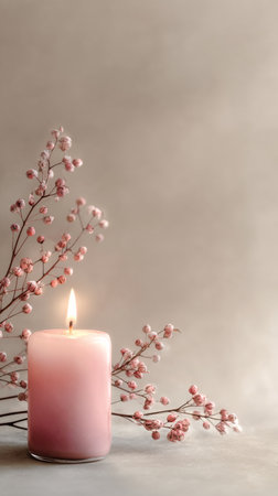A soft pink candle burns brightly beside delicate pink flowers, adding a warm, tranquil touch to a cozy home setting, perfect for relaxation and peaceful moments.の素材
