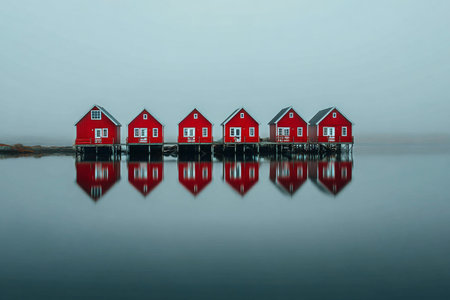 Red wooden houses stand on stilts by a still lake, their reflections visible in the water. A foggy atmosphere creates a peaceful scene in the morning light.の素材