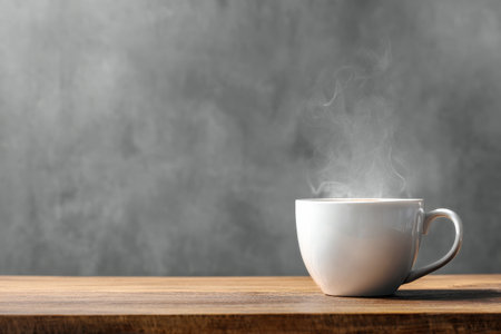A steaming white coffee cup sits on a smooth wooden table. The gray background enhances the warmth of the coffee, creating a cozy atmosphere that invites relaxation..の素材