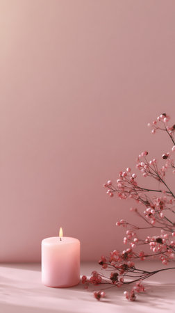 A soft pink candle burns brightly beside delicate pink flowers, adding a warm, tranquil touch to a cozy home setting, perfect for relaxation and peaceful moments..の素材