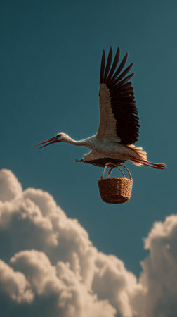 A stork soars high in the sky, carrying a woven basket. The birds wings are wide open, creating a beautiful contrast with the fluffy clouds below..の素材
