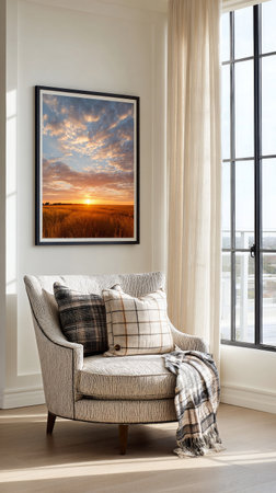 A comfortable chair with soft pillows sits beside a large window. A beautiful sunset lights up the sky, creating a warm atmosphere in the modern living area..の素材