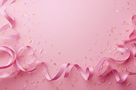 Soft pink background features curled ribbons and scattered confetti, creating a festive atmosphere ideal for celebrations, parties, or creative projects.の素材