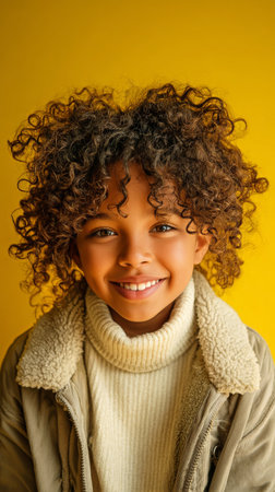A young child with curly hair beams joyfully while wearing a cozy sweater. Their bright smile contrasts beautifully with a vibrant yellow background.の素材