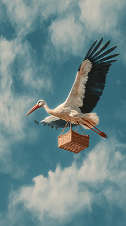 A stork flies gracefully across a blue sky, holding a woven basket in its beak. The background features soft, fluffy clouds that enhance the serene atmosphere of the scene.の素材