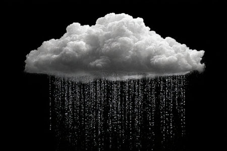 Low, dark cloud emits heavy rain in a striking visual. The scene captures the beauty and intensity of weather, creating a moody atmosphere filled with texture and movement.の素材