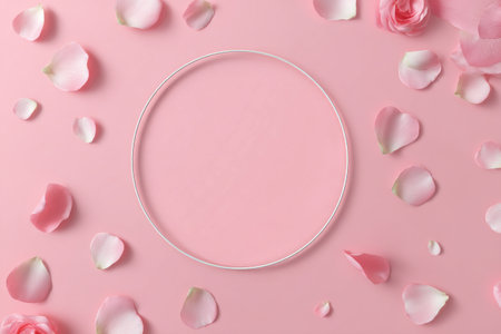 Delicate circular frame sits on a soft pink surface, surrounded by fresh pink rose petals. This serene setting is perfect for showing special moments or messages.の素材