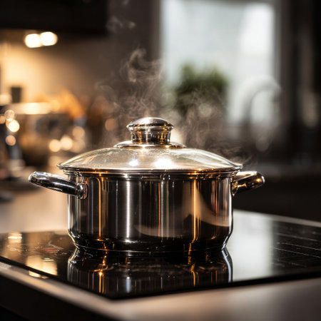A metal cooking pot is placed on a sleek kitchen stove, with steam gently rising from its lid. The scene captures a cozy cooking atmosphere in contemporary kitchen..の素材
