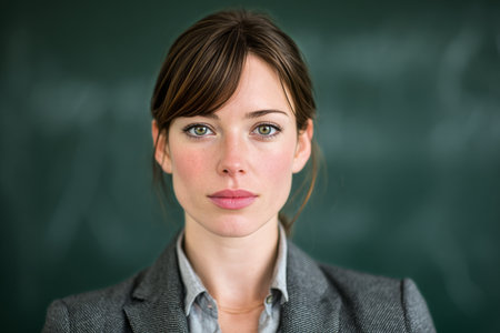 A young woman with striking features looks directly at the camera, dressed in a professional outfit in a classroom filled with a green chalkboard.の素材