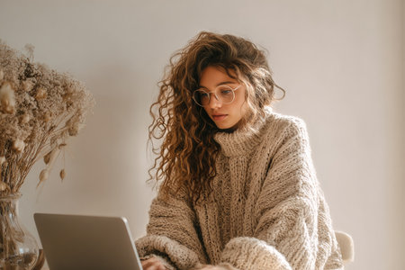 A young woman sits at a table wearing a cozy sweater. She is focused on her laptop, surrounded by a soft ambiance and decorated with dried flowers, reflecting a serene atmosphere..の素材