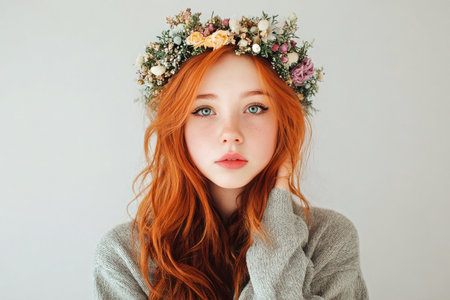 A young girl with bright red hair and a flowering crown poses gracefully. Her fair skin complements her delicate features, and she wears a soft, light dress, evoking a springtime feel..の素材