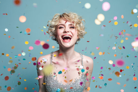 A joyful woman with short curly hair smiles widely, surrounded by vibrant confetti falling around her in a lively atmosphere. She is dressed in a sparkling outfit, exuding happiness.の素材