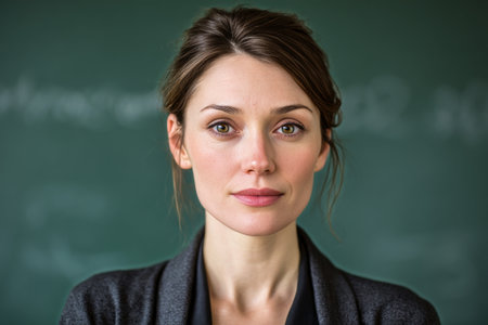 A young woman with striking features looks directly at the camera, dressed in a professional outfit in a classroom filled with a green chalkboard..の素材