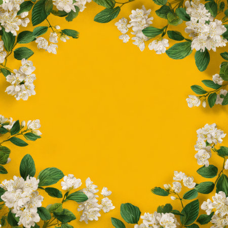 A vibrant display of white flowers and green leaves surrounds a yellow background. The floral arrangement creates a cheerful and fresh atmosphere, perfect for spring..の素材