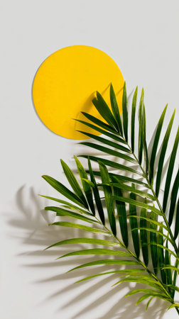 A vibrant yellow circle is placed against a light wall, accompanied by green palm leaves that cast soft shadows. This scene evokes warmth and a tropical vibe.の素材