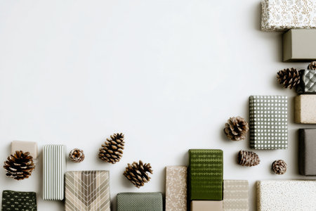 Several neatly wrapped gifts in various colors are arranged on a light surface, surrounded by pinecones and greenery, creating a festive holiday atmosphere..の素材