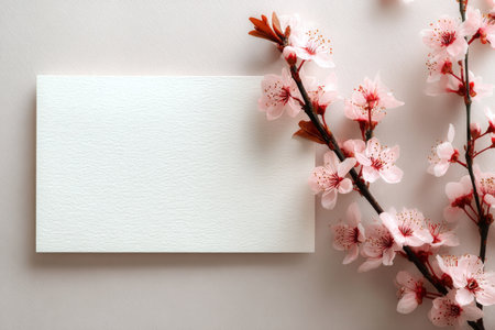 Delicate pink cherry blossom branches surround a blank card placed on a soft pastel background. This scene captures the essence of spring and elegance, perfect for celebrations or notes..の素材