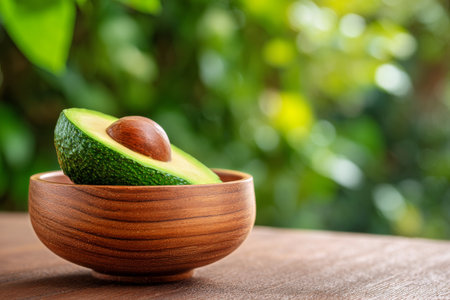 A solitary green avocado rests inside a smooth, handcrafted wooden bowl. The rustic table is set against a vibrant backdrop of lush green foliage, creating a calm atmosphere..の素材