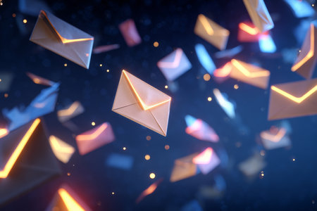 Envelopes of various colors appear to float in a dark space, illuminated with a soft glow, symbolizing messages being sent and received in a digital world.の素材