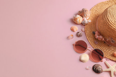 A straw hat sits stylish alongside sunglasses and various seashells on a soft pink surface, creating a bright, summery vibe perfect for beach outings..の素材