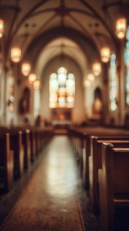 Wooden church pews lined up in a tranquil setting, illuminated by warm lights. Stained glass windows offer a colorful backdrop, creating a peaceful atmosphere for reflection..の素材