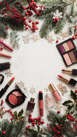 Bright red and pink makeup products are arranged in a circle among pine branches and red berries, creating a festive and cheerful display perfect for holiday gatherings..の素材