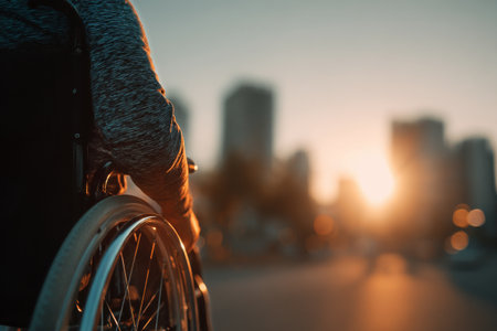A person in a wheelchair gazes at the sunset against a city skyline. The warm colors of dusk create a serene atmosphere, highlighting the beauty of the moment.の素材