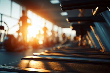 Morning light pours into a gym as individuals engage in various workouts. Treadmills shine in the warm sunlight, creating an energized atmosphere for fitness enthusiasts..の素材