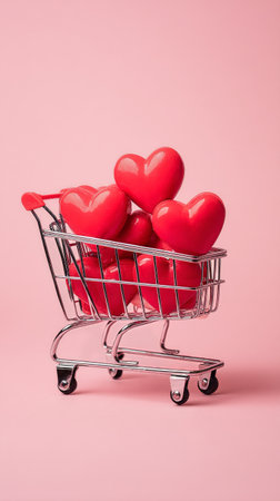 A small shopping cart is filled with plush red hearts on a light pink background. The scene conveys a playful, romantic vibe suitable for various celebrations..の素材
