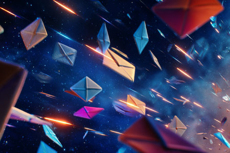 Envelopes of various colors appear to float in a dark space, illuminated with a soft glow, symbolizing messages being sent and received in a digital world..の素材