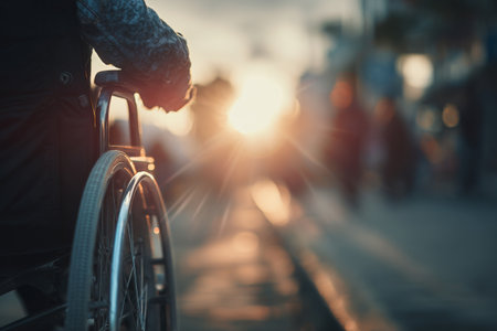 A person in a wheelchair gazes at the sunset against a city skyline. The warm colors of dusk create a serene atmosphere, highlighting the beauty of the moment..の素材