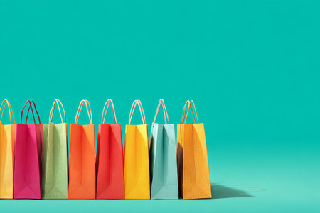 Brightly colored shopping bags in various shades are arranged in a neat row. The vibrant colors contrast sharply with the blue-green backdrop, creating an eye-catching scene.の素材