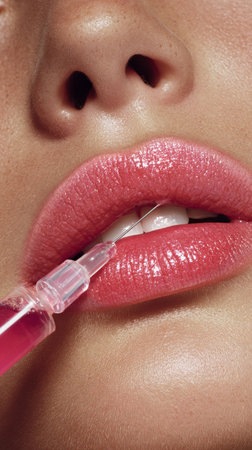 In a beauty clinic, a woman is having a lip enhancement treatment. A syringe filled with pink substance is gently being applied to her lips, enhancing their volume and shine.の素材