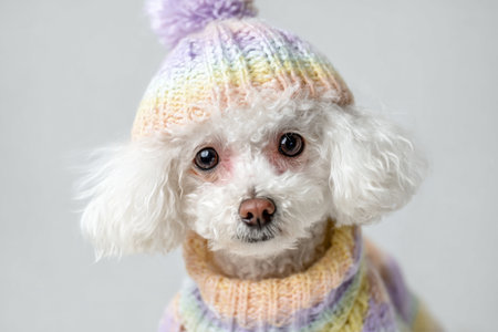 A charming white poodle is dressed in a cozy, colorful knitted hat and sweater. The pet gazes directly at the camera with an endearing expression in a simple indoor setting.の素材