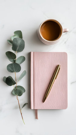 A warm cup of coffee rests atop a soft pink notebook, adorned with a golden pen and fresh eucalyptus leaves, creating a serene workspace ambiance..の素材