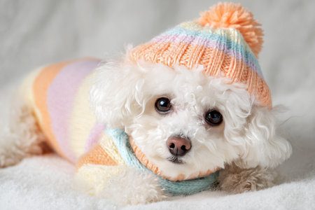 A charming white poodle is dressed in a cozy, colorful knitted hat and sweater. The pet gazes directly at the camera with an endearing expression in a simple indoor setting..の素材